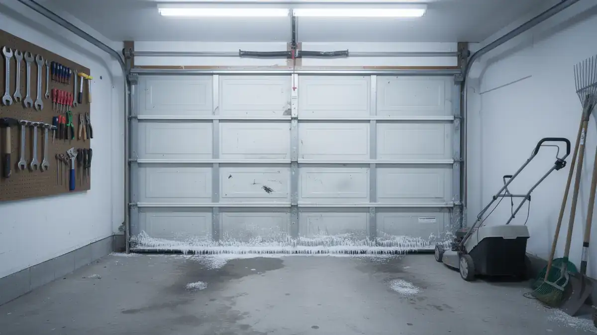 The white garage door has icicles and ice along its bottom edge.