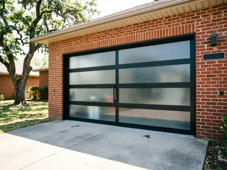 A modern garage door with frosted glass panels is set in a red brick wall.
