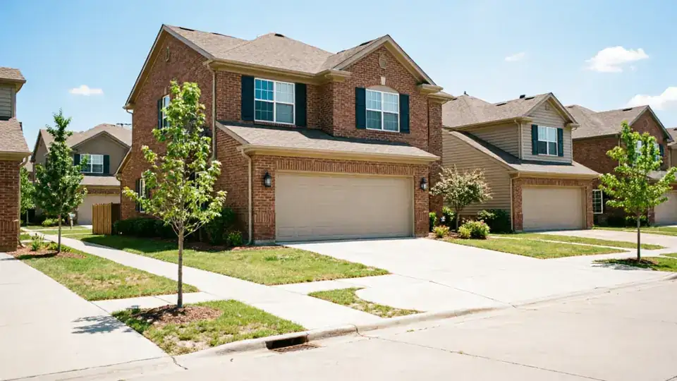 A row of brick and tan houses with attached garages and driveways.