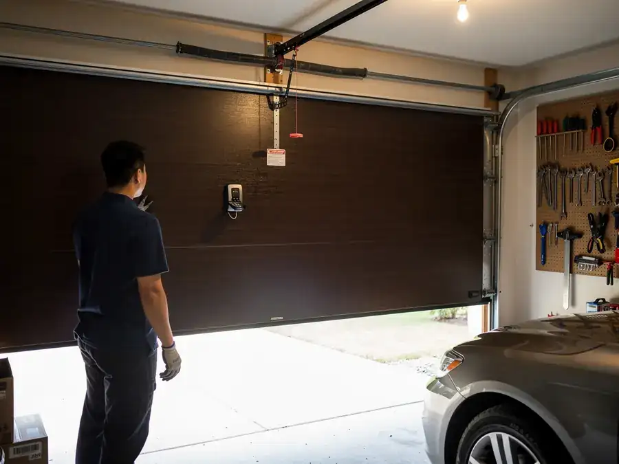 A technician stands in a garage looking at a brown garage door.