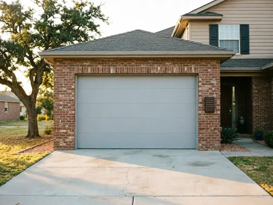 A light gray garage door is on a brick house with a driveway.