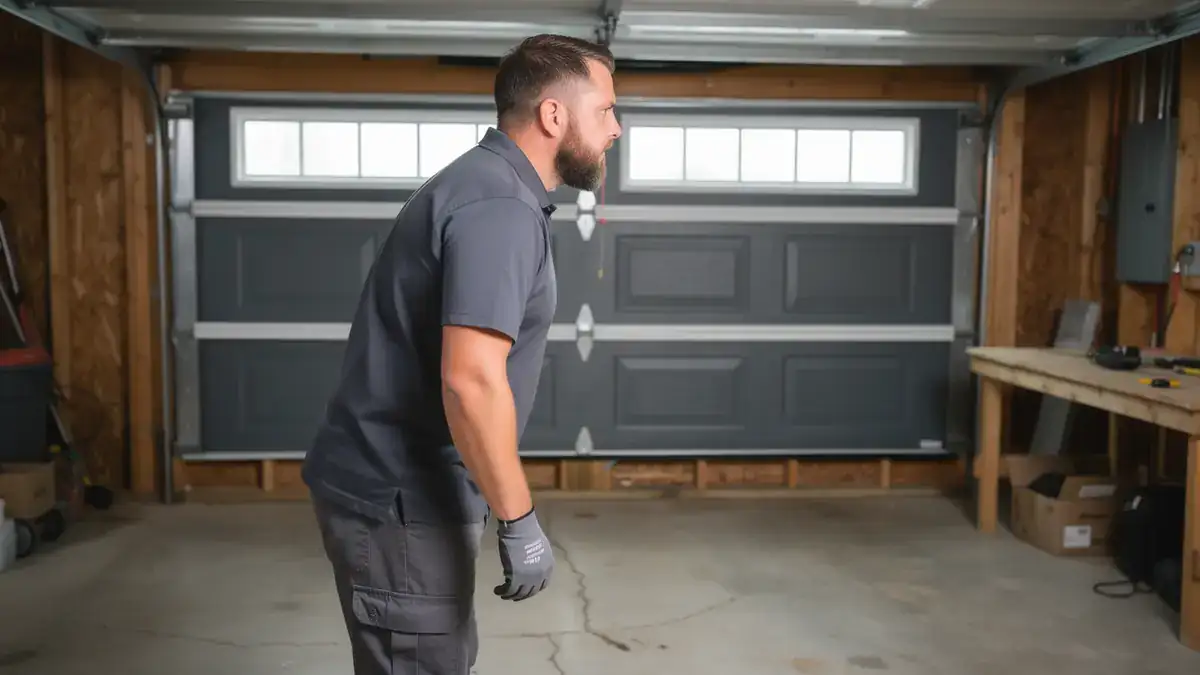 A technician stands in a garage with a closed gray garage door.