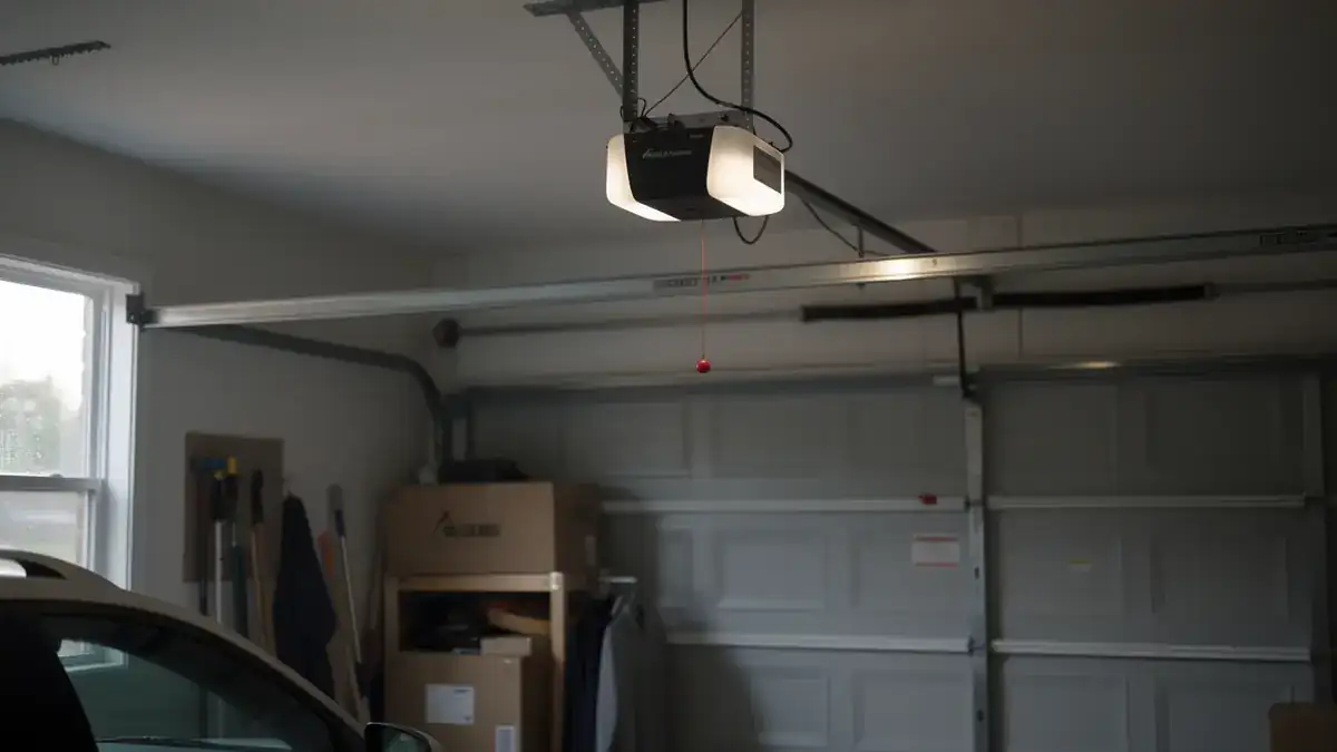 The garage door opener is mounted to the ceiling above a closed garage door.